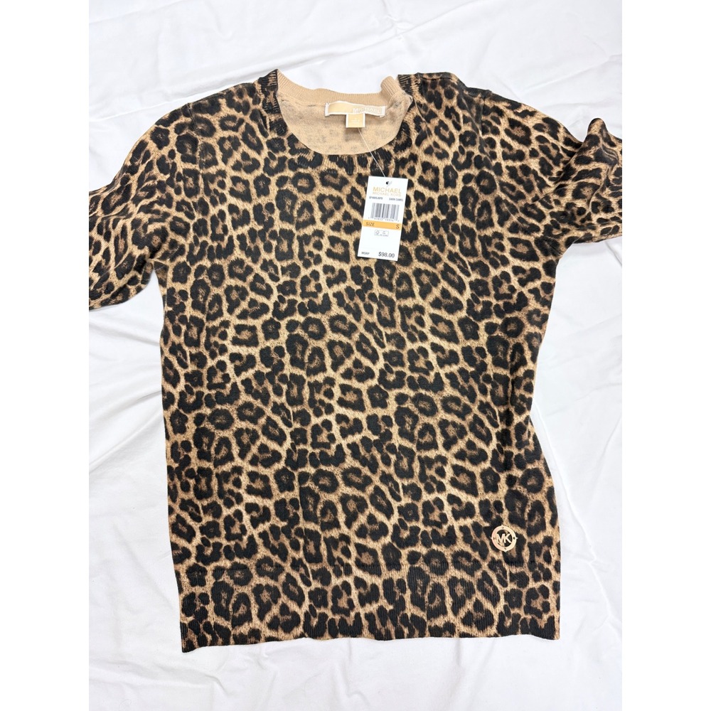 Michael Kors Women Leopard Print Short Sleeve Sweater Dark Camel MK Logo Small